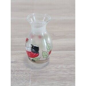 Mini Hand Painted Asian Bird Bud Vase Frosted Glass Holly Floral 2.25”